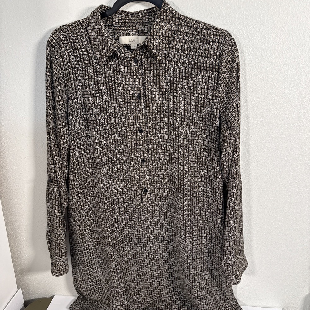 Loft Womens Med Dress Woven L/S Brown/Black Pullover 1/2 Button Knee Length D2